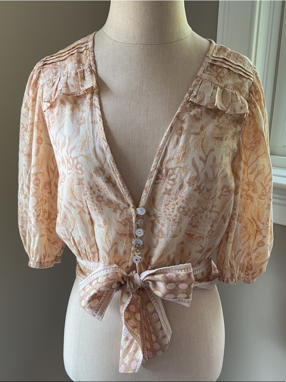 Cleobella Peach Floral Tie-Waist Puff Sleeve Cropped Top